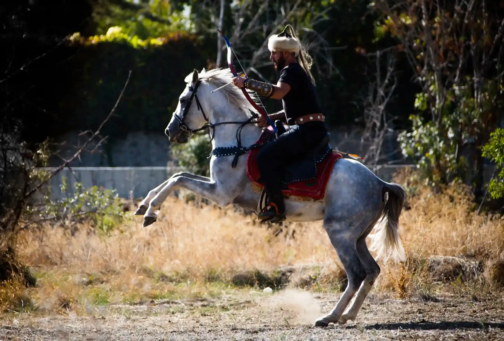 Un jinete sobre un caballo gris encabritado, al aire libre. El jinete viste atuendo tradicional y sostiene un bastón.