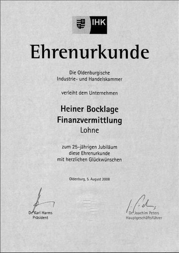 Ein Zertifikat mit der Aufschrift „Ehrenurkunde“, ausgestellt von der IHK an Heiner Bocklage