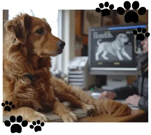 Un perro está acostado en un escritorio frente a una pantalla de computadora con una imagen de un perro en ella.