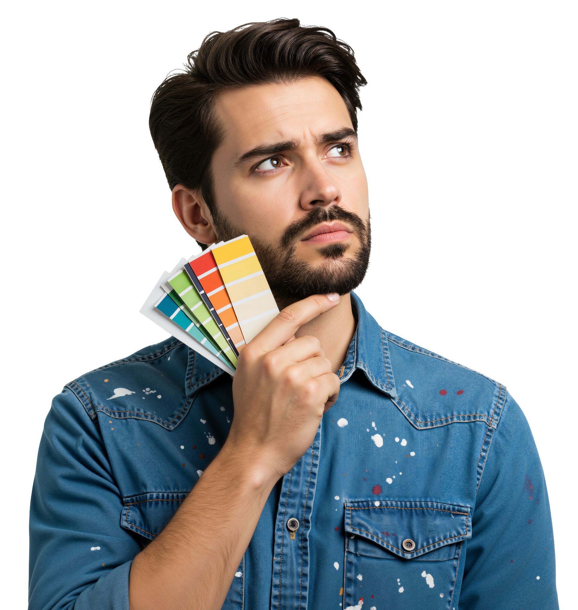 Un homme qui réfléchit avec des échantillons de couleurs dans les mains