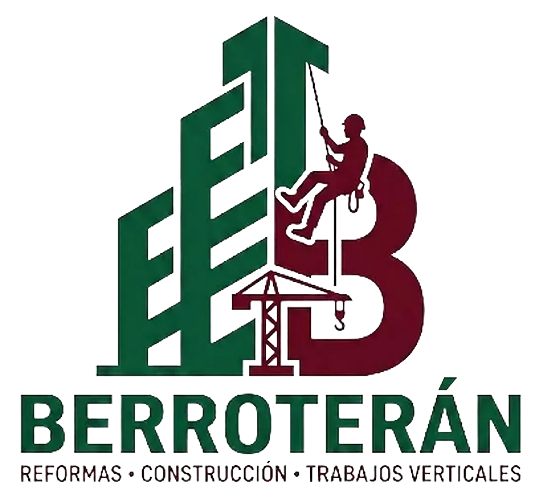 Logo de BERROTERÁN: figura escalando con cuerda junto a letras verdes y rojas, reformas, construcción y trabajos verticales