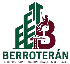 Logo de BERROTER&Aacute;N: figura escalando con cuerda junto a letras verdes y rojas, reformas, construcci&oacute;n y trabajos verticales