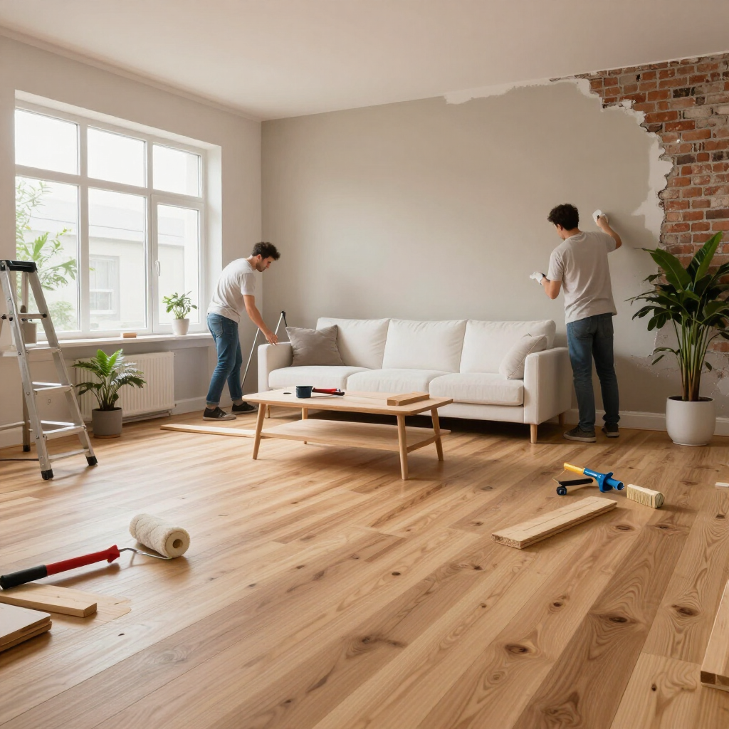 Dos personas pintando la pared de la sala de estar durante la renovación de una casa, con herramientas y muebles cubiertos a su alrededor.