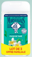 Gel Douche « Le Petit Marseillais », le lot de 3, à 2.55€ au lieu de 4.25€, soit une remise de -40%. Au choix : Fleur de tiaré, lait amande douce bio, lait de vanille bio, verveine bio & citron , lait, pêche blanche & nectarine bio, fleur d'oranger bio, cerise & jasmin, minéraux et bois de cèdre ou pin eucalyptus. 3x250 millilitres (750 millilitres), soit le litre à 3,40 €.