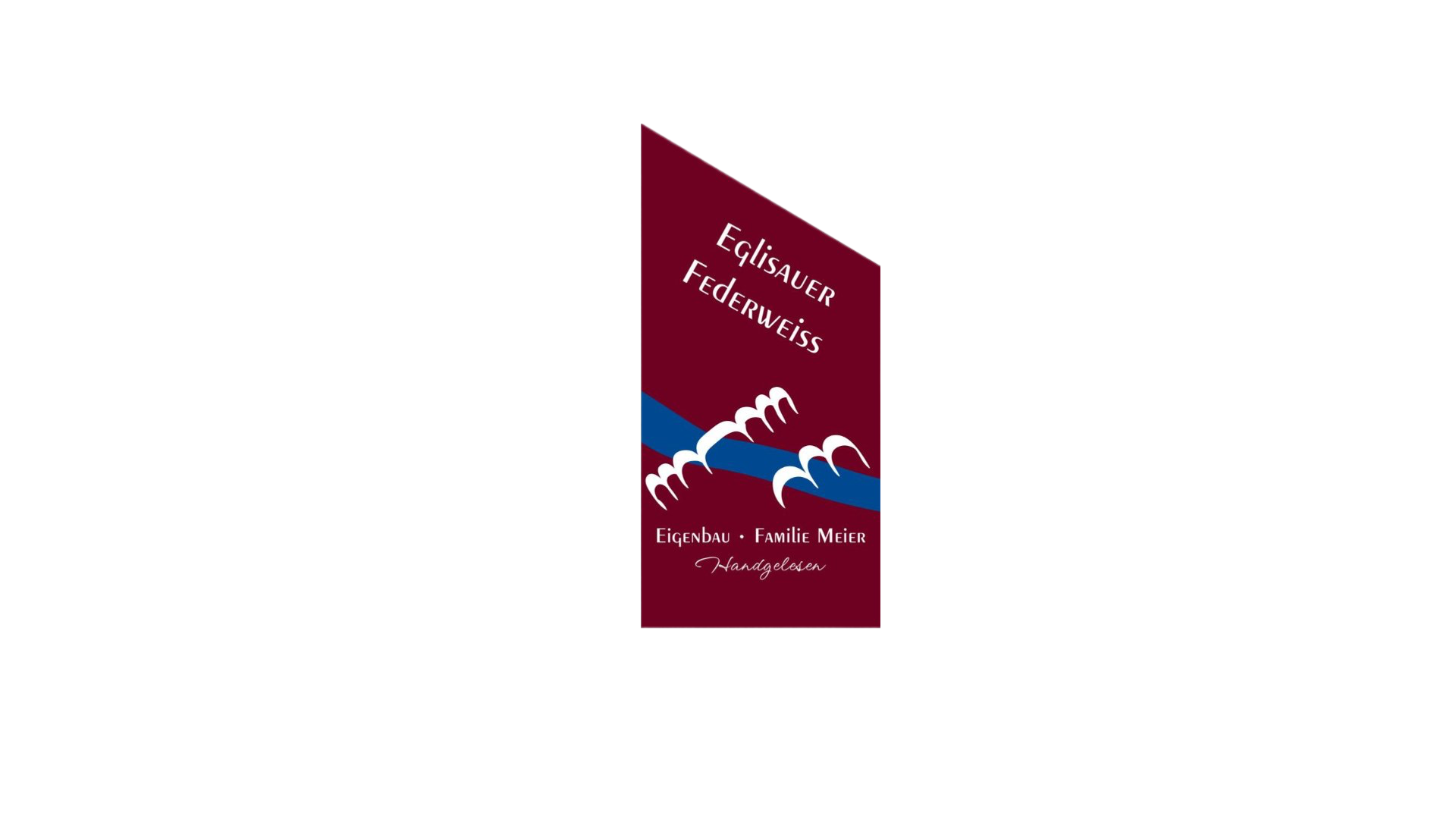 Ein Etikett mit weisser Schrift „Eglisauer Federweiss“ auf kastanienbraunem Hintergrund, einem blauen Streifen, weissen abstrakten Vogelsymbolen und dem Namen.