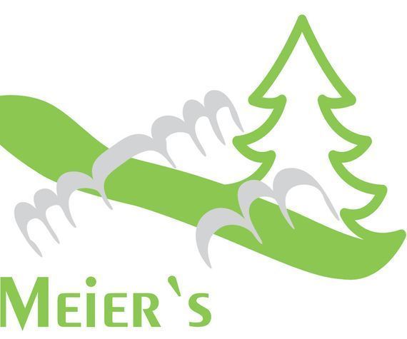 Ein grünes Snowboard-Motiv mit einer stilisierten Kiefer und dem darunter stehenden grünen Schriftzug „MEIER'S“.
