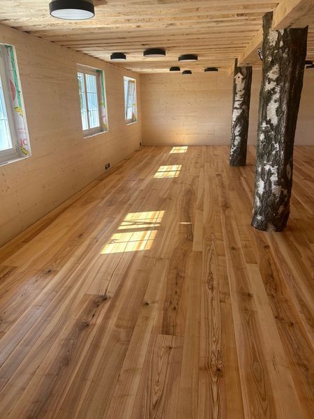 Ein geräumiges Zimmer mit hellen Holzwänden und -böden, natürlichen Birkenholzsäulen und runden Deckenleuchten.