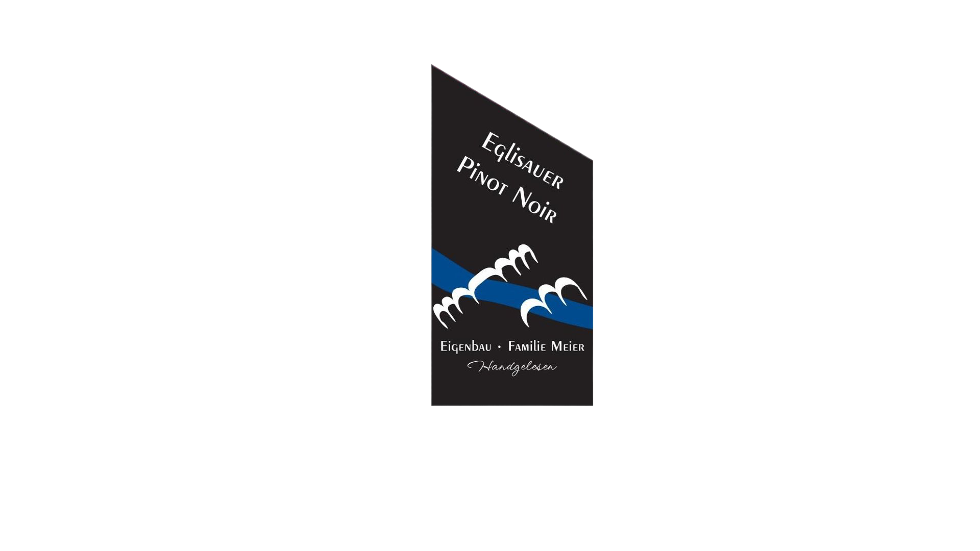 Ein Weinetikett mit schwarzem Hintergrund, dem Schriftzug „Eglisauer Pinot Noir“, einem blauen Streifen, weissen abstrakten Formen und dem Namen des Herstellers.