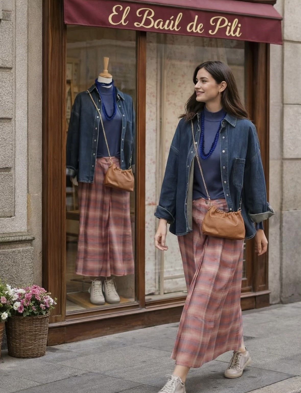 Una mujer pasa caminando frente a una boutique, vestida con una chaqueta vaquera y una falda de cuadros rosas