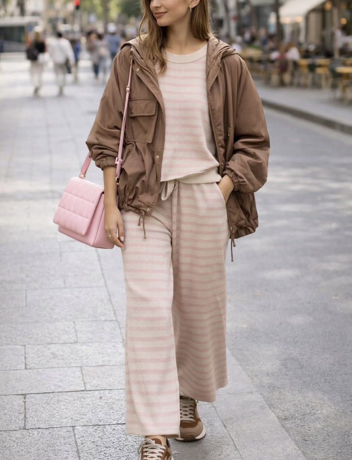 Mujer con atuendo beige y chaqueta marrón caminando por una calle de la ciudad con un bolso rosa.