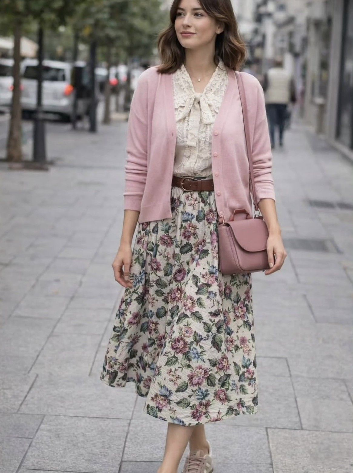 Mujer con cárdigan rosa y falda floreada caminando por una acera de la ciudad, llevando un bolso rosa.