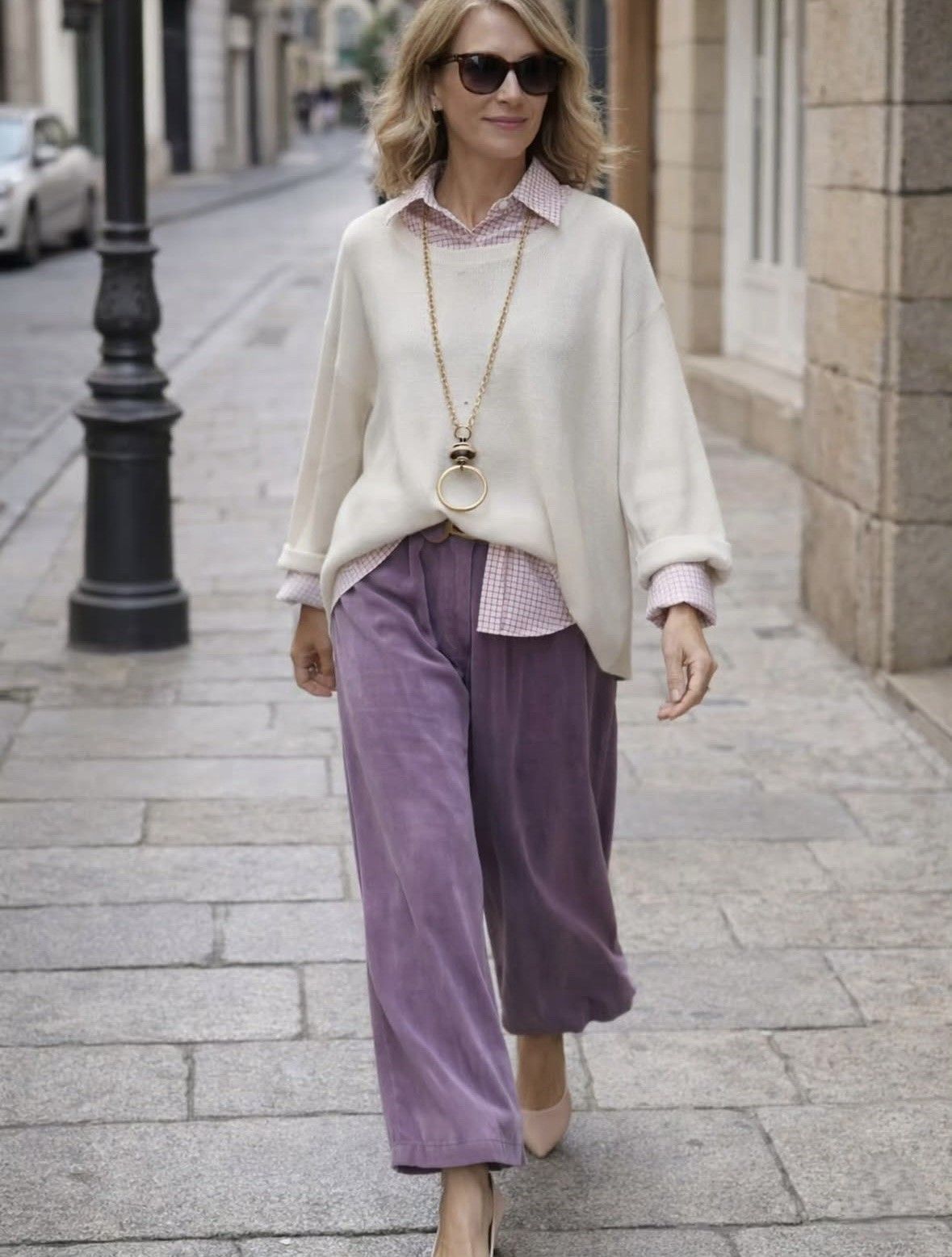 Mujer caminando por una acera de la ciudad con una blusa blanca, pantalones color lavanda, gafas de sol y un collar largo.