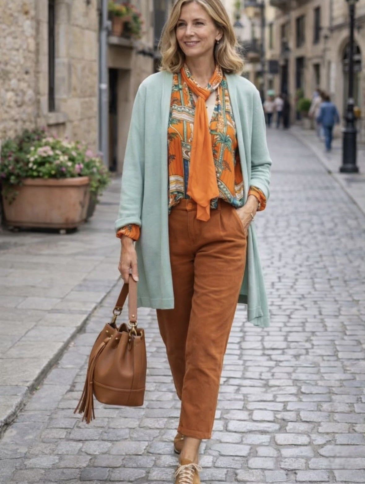 Mujer caminando por una calle empedrada con un cárdigan color menta, blusa naranja y pantalones marrones