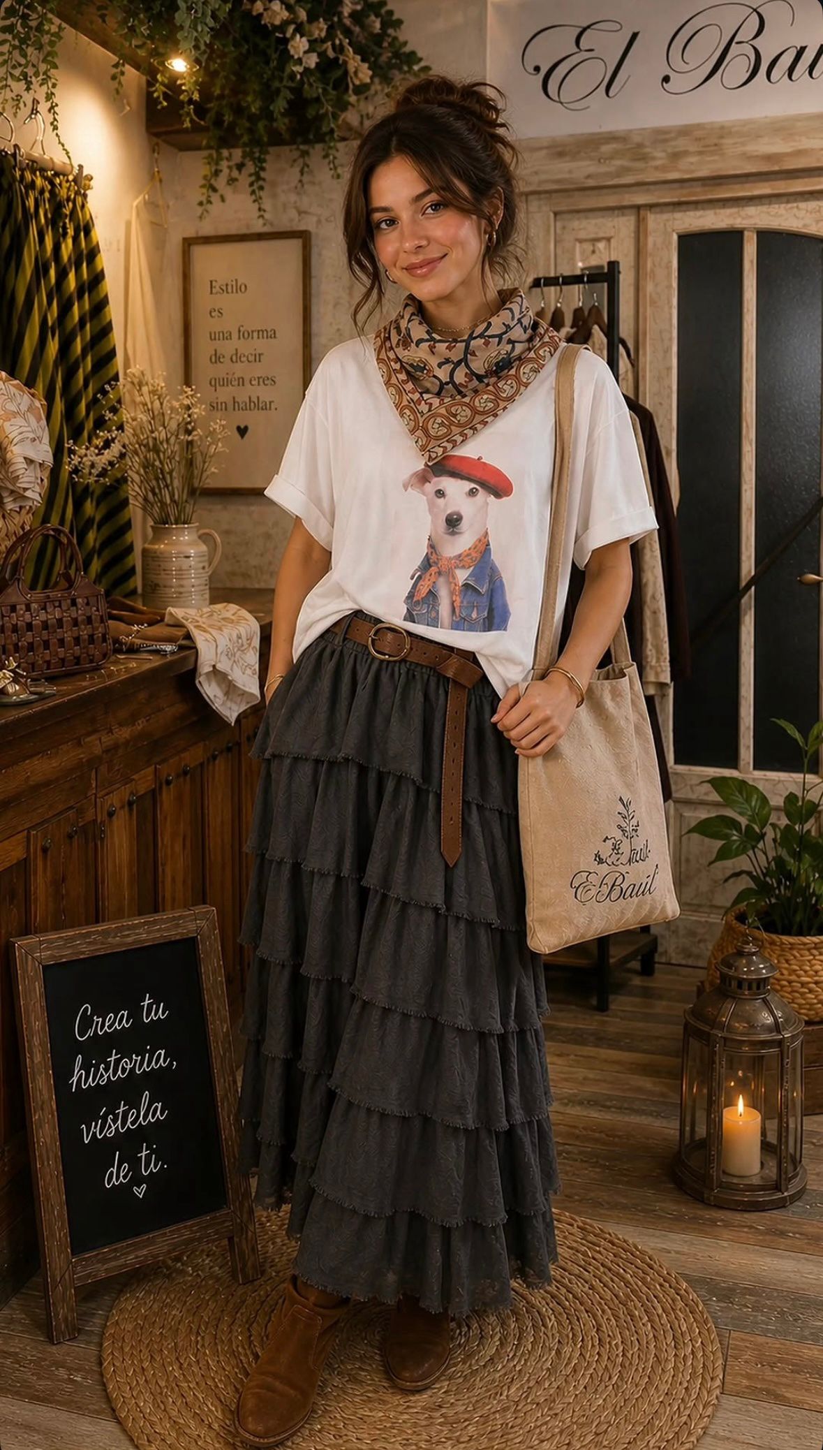 Mujer posando en una tienda rústica, con una camiseta blanca estampada, falda oscura de volantes, bufanda y bolso de tela.