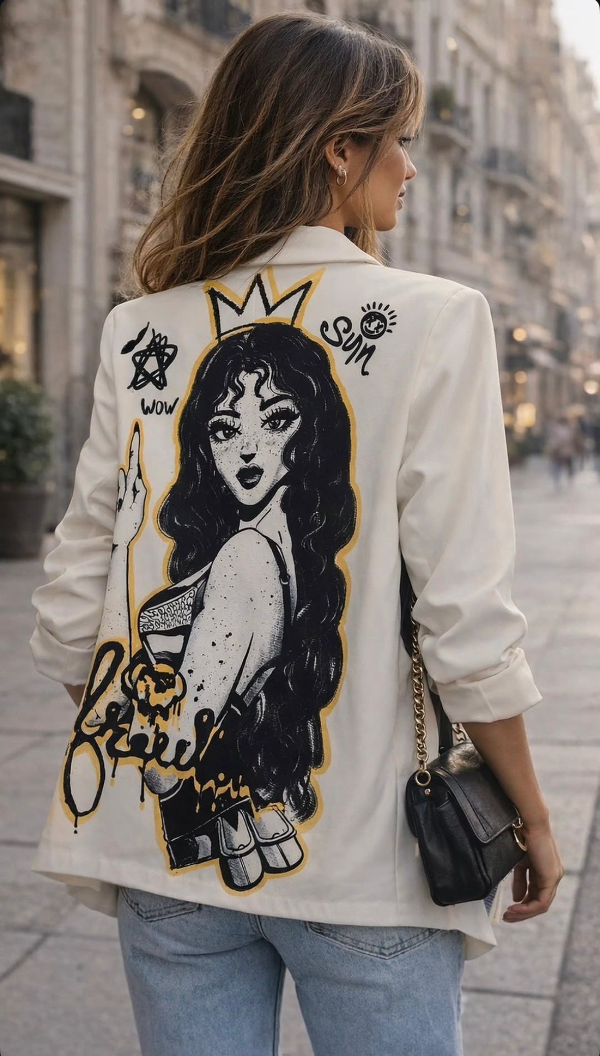 Persona caminando por una calle de la ciudad, vistiendo una chaqueta color crema con un gran retrato en negro y dorado