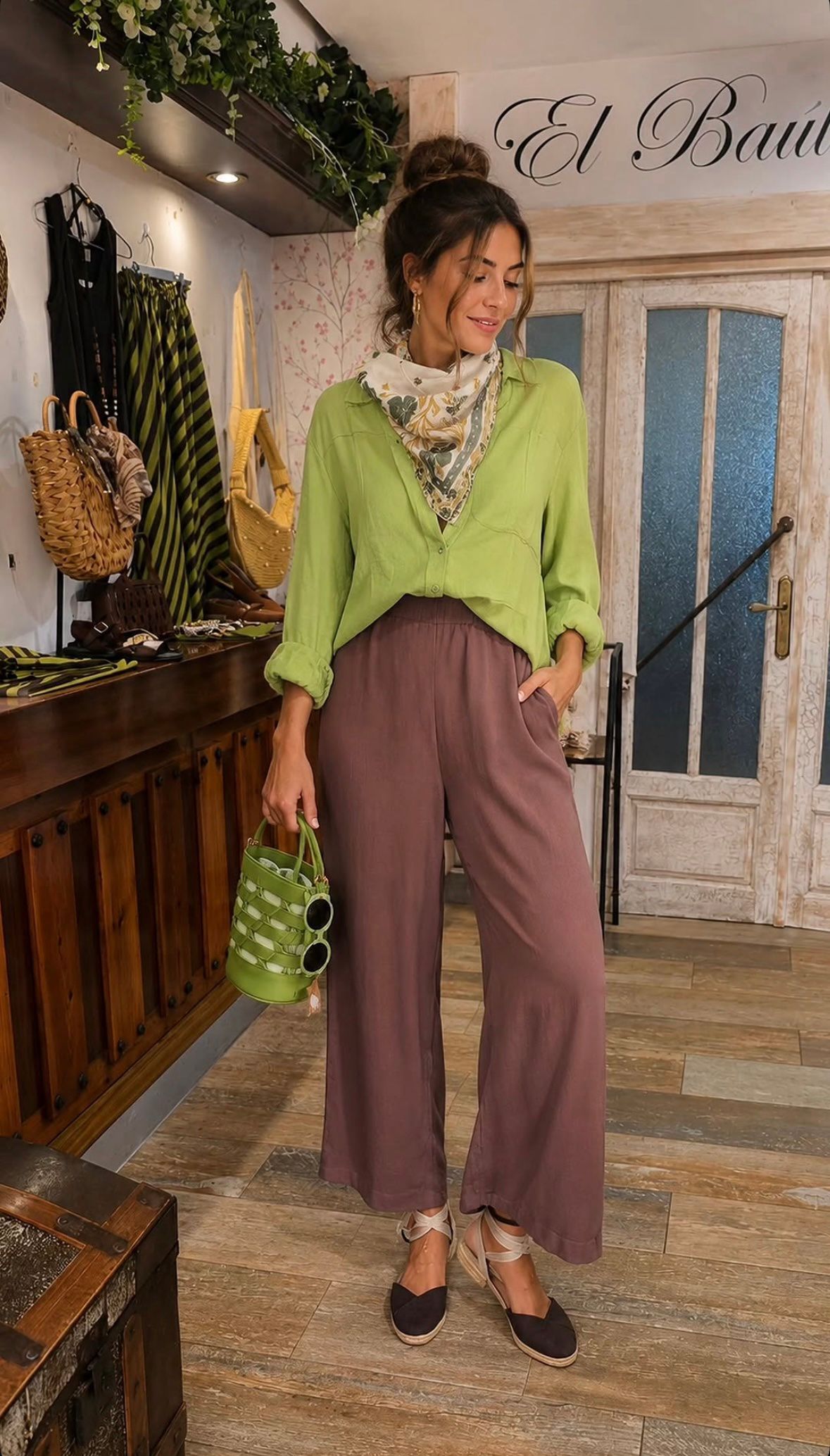 Mujer posando en una boutique, con blusa verde lima, pantalones malva y zapatos planos negros, sosteniendo un bolso verde.
