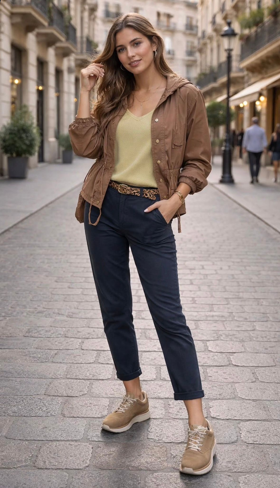 Mujer con chaqueta marrón y vaqueros de pie en una calle empedrada de la ciudad, sonriendo a la cámara.