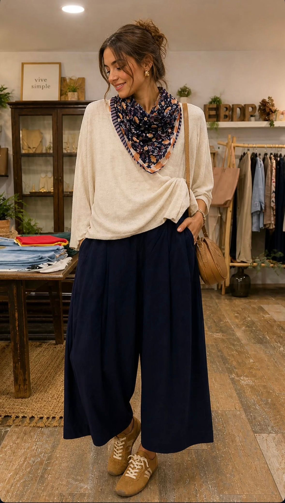 Una mujer con blusa color crema y pantalones anchos azul marino posa en una boutique, luciendo zapatos color canela