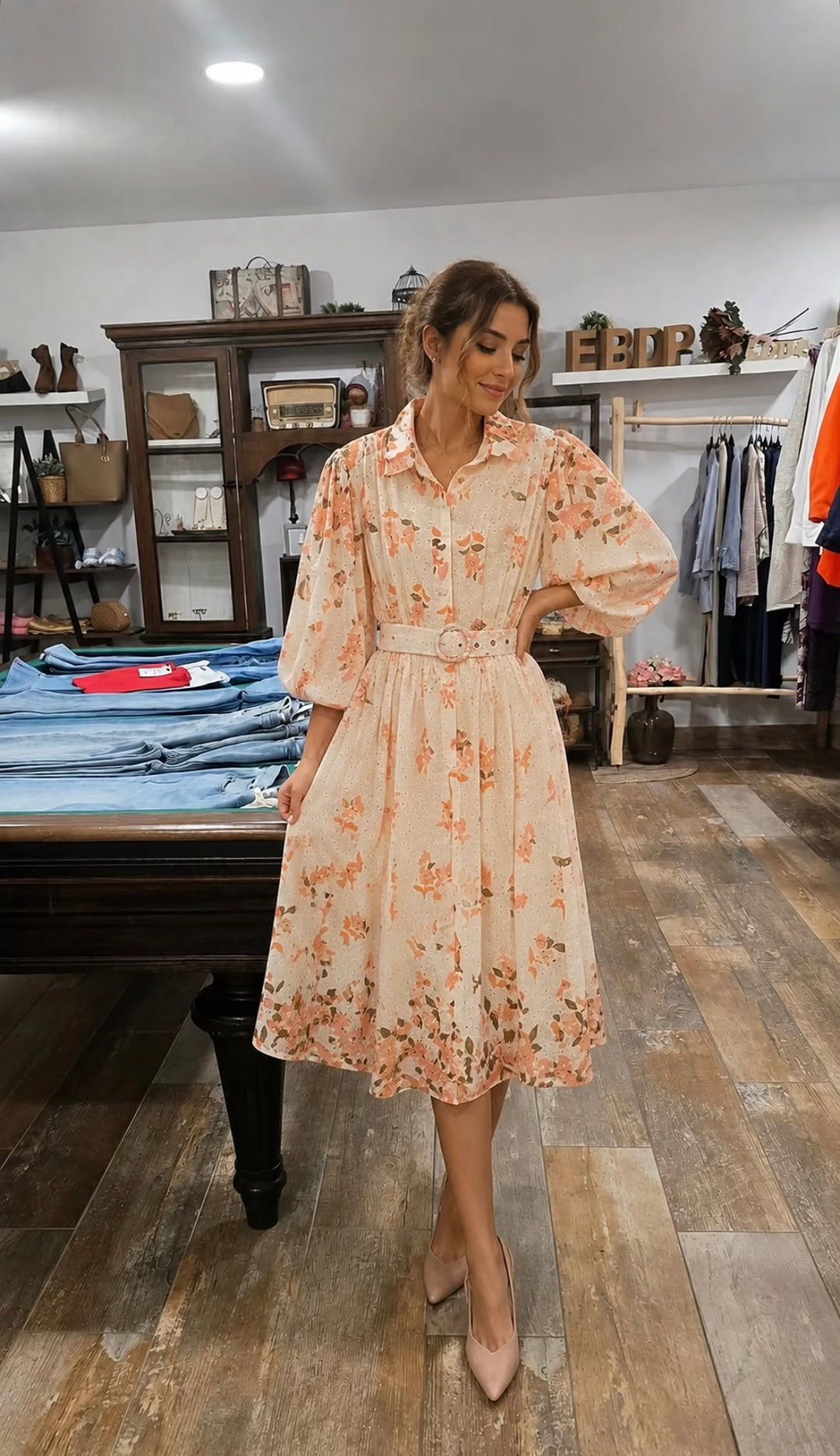 Mujer con vestido floral color melocotón posando en una boutique junto a una mesa de billar.