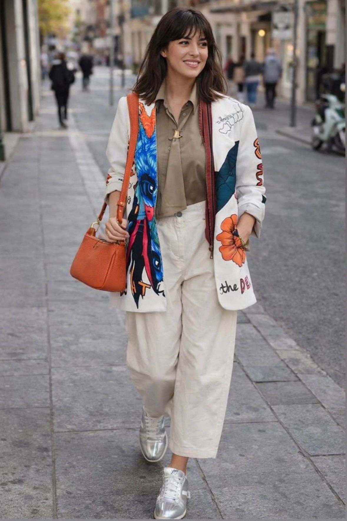 Mujer caminando por una calle de la ciudad con un atuendo blanco, llevando un bolso naranja y una bufanda colorida.