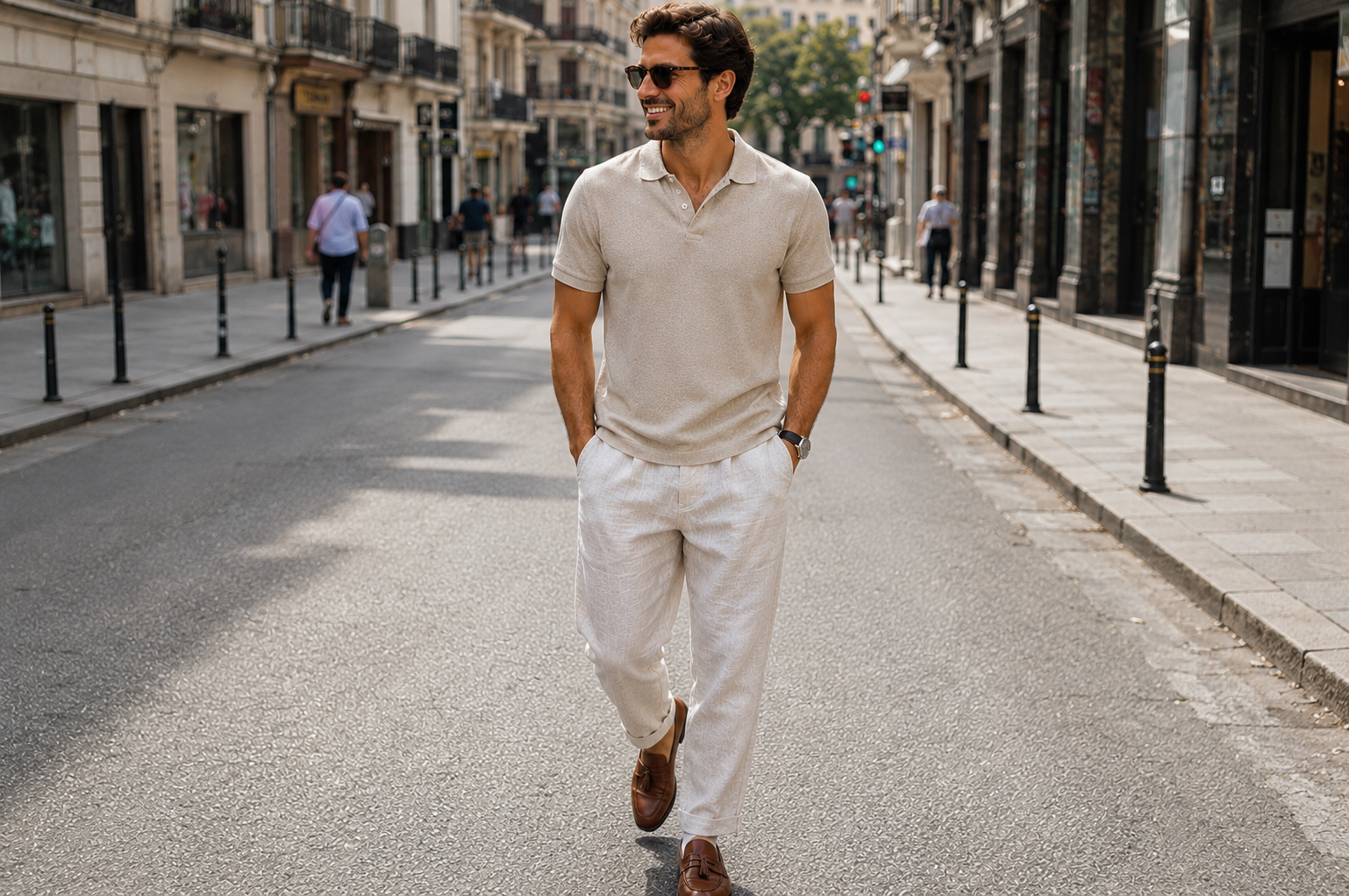Hombre con camisa beige y pantalones blancos caminando por una calle tranquila de la ciudad.