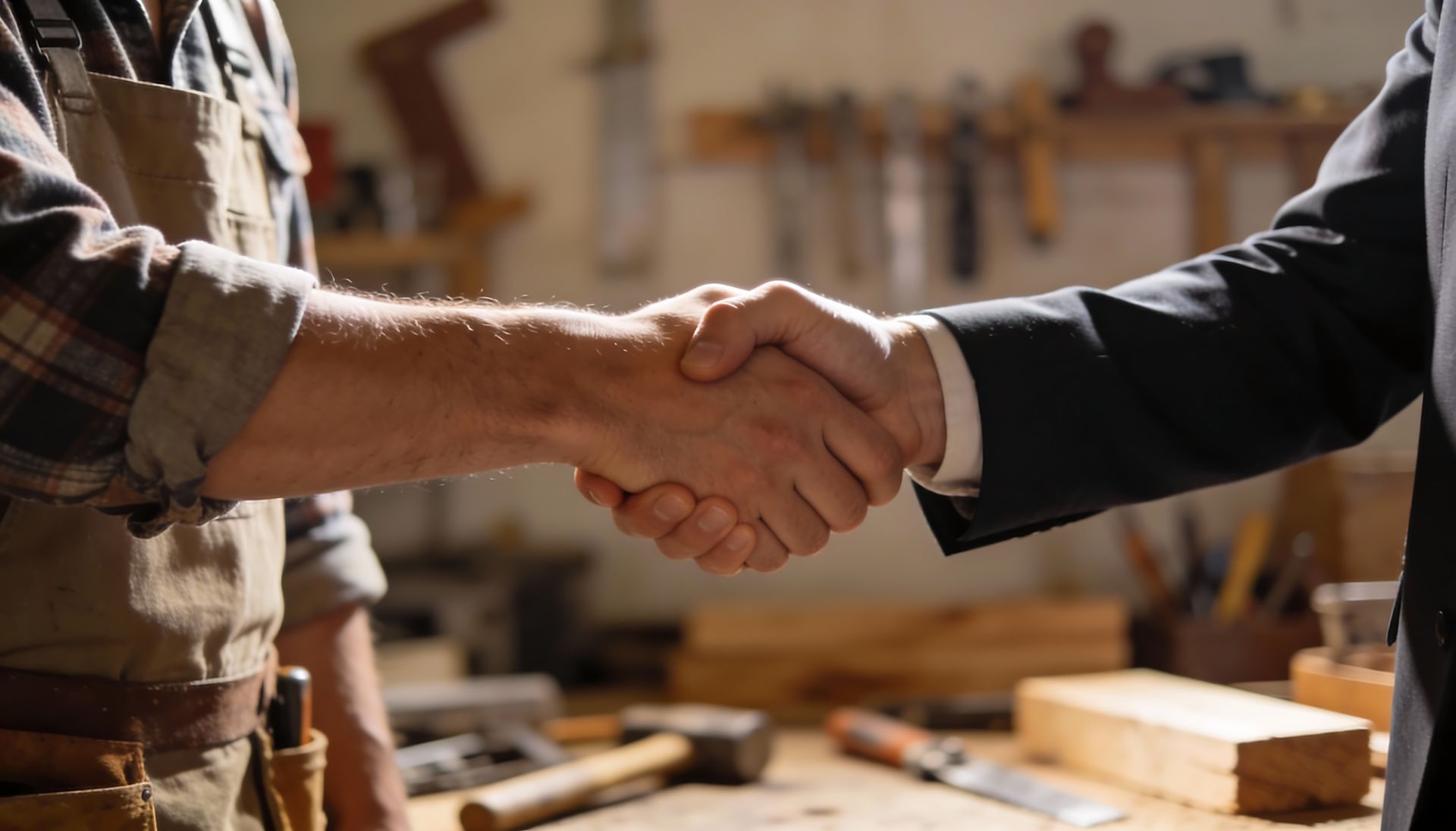 Un homme en tablier et en costume serre des mains dans un atelier. Des outils et du bois sont visibles sur la table.