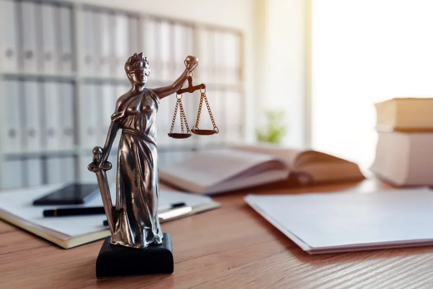 Statue der Justitia auf einem Schreibtisch mit Waage, Schwert und Dokumenten in einer Büroumgebung.