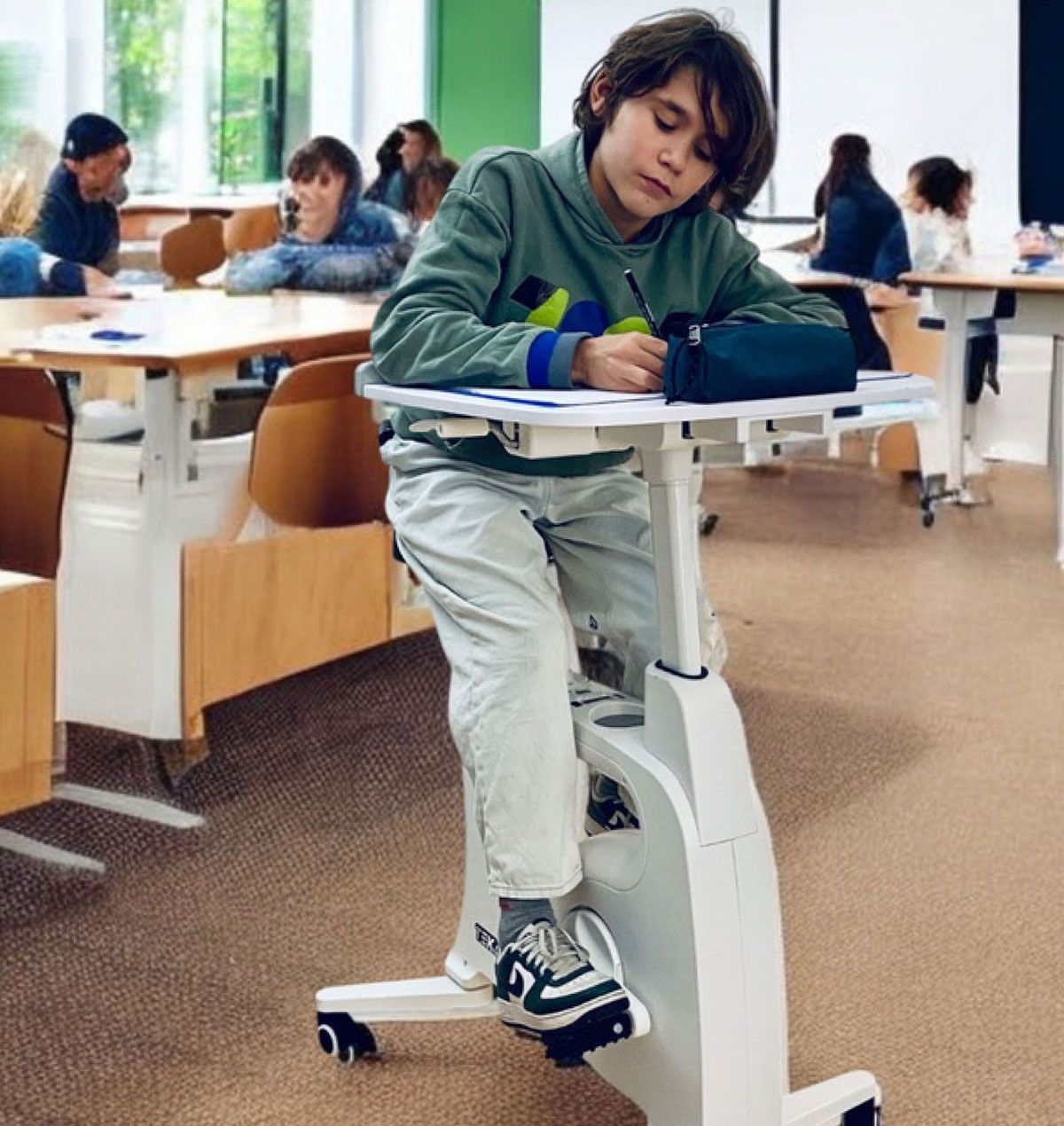 Garçon écrivant à un bureau avec des pédales dans une salle de classe.
