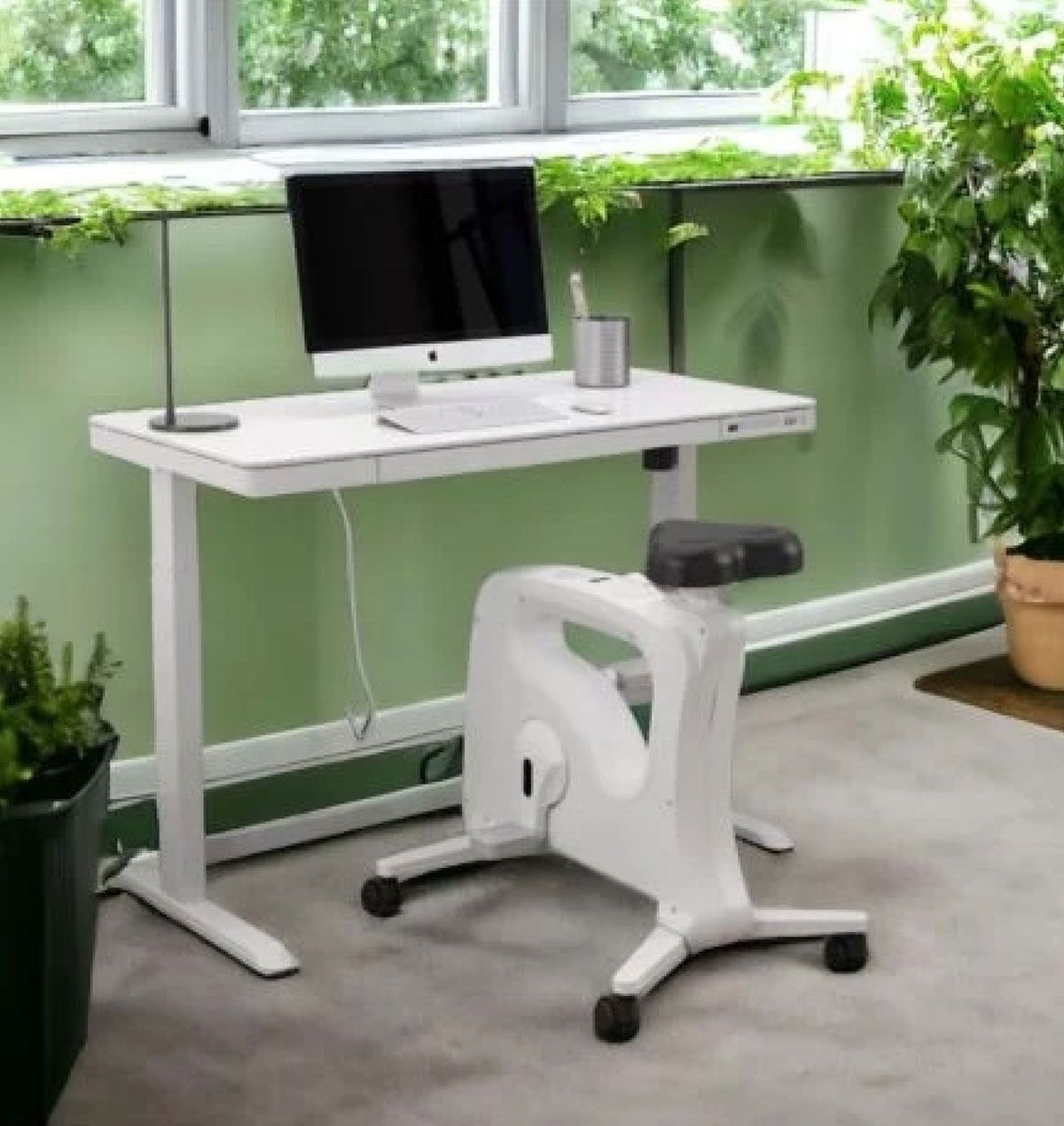 Bureau blanc debout avec une chaise de vélo stationnaire, à côté d'une fenêtre avec des plantes.