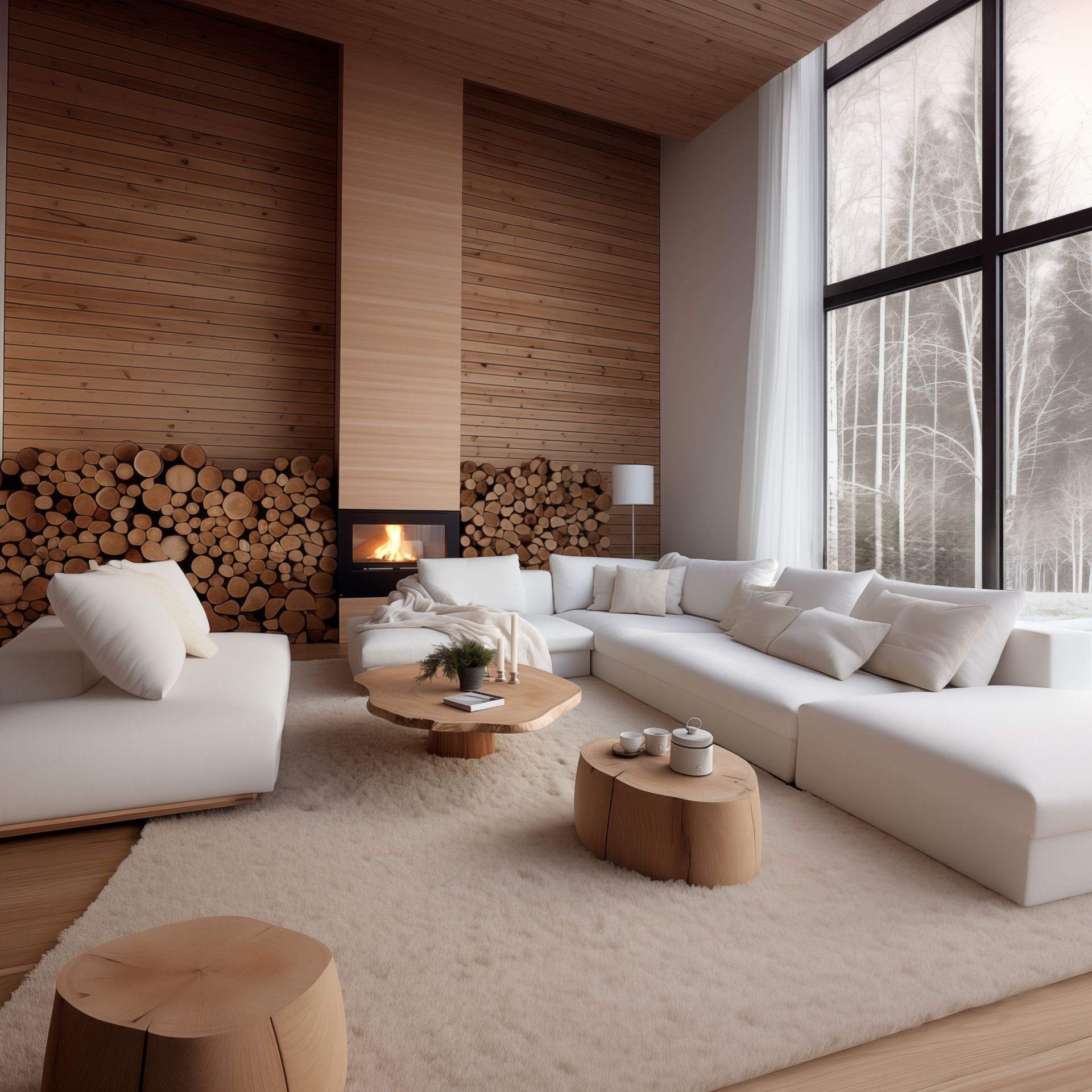 Une pièce intérieure avec le mur du fond en bois