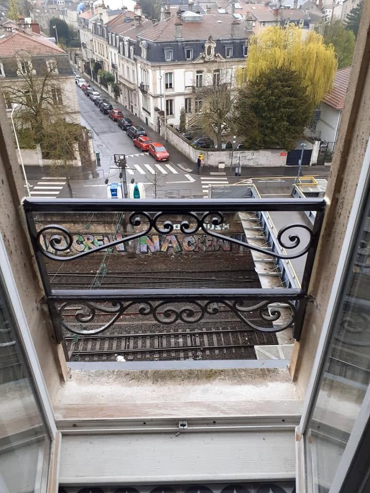 Vue depuis un balcon donnant sur une rue parisienne, avec une balustrade ouvragée, un passage piéton et des voitures garées.