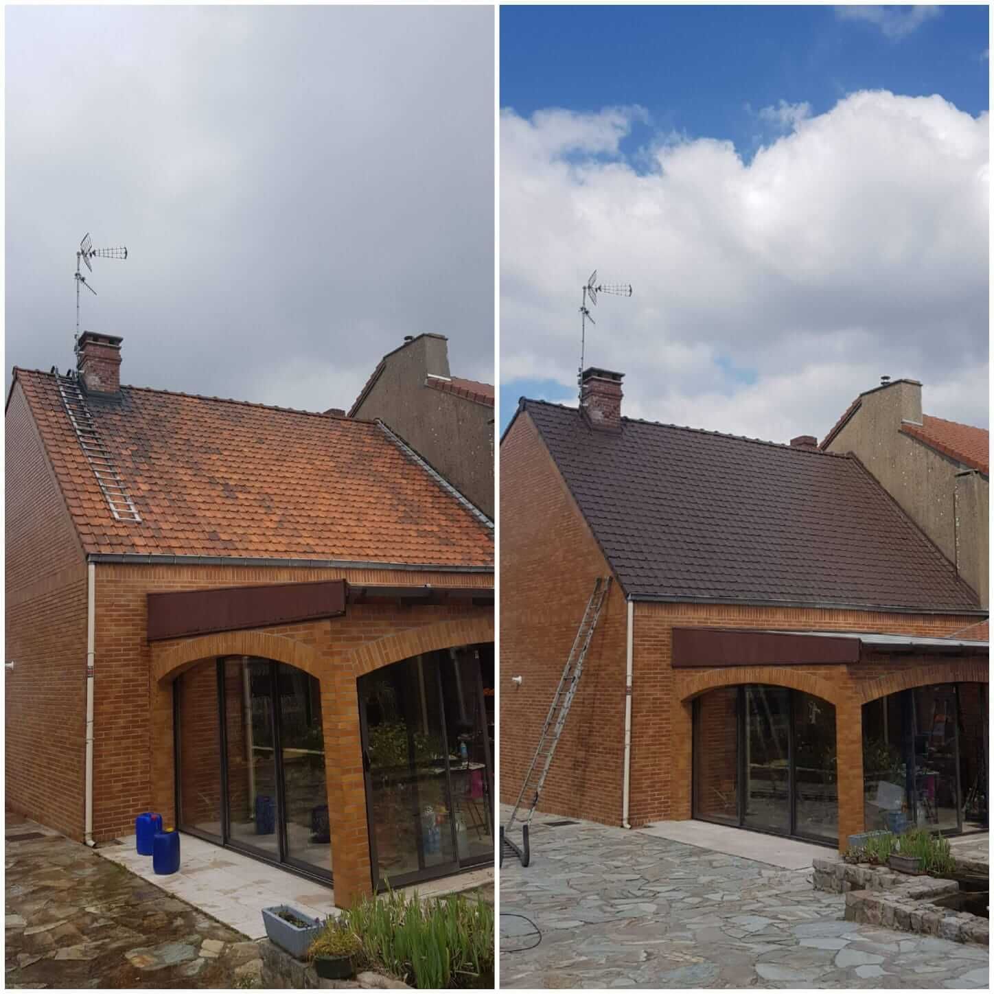 Deux photos côte à côte de toitures d'immeubles d'habitation, montrant l'état des toits et les antennes, avec des détails architecturaux.