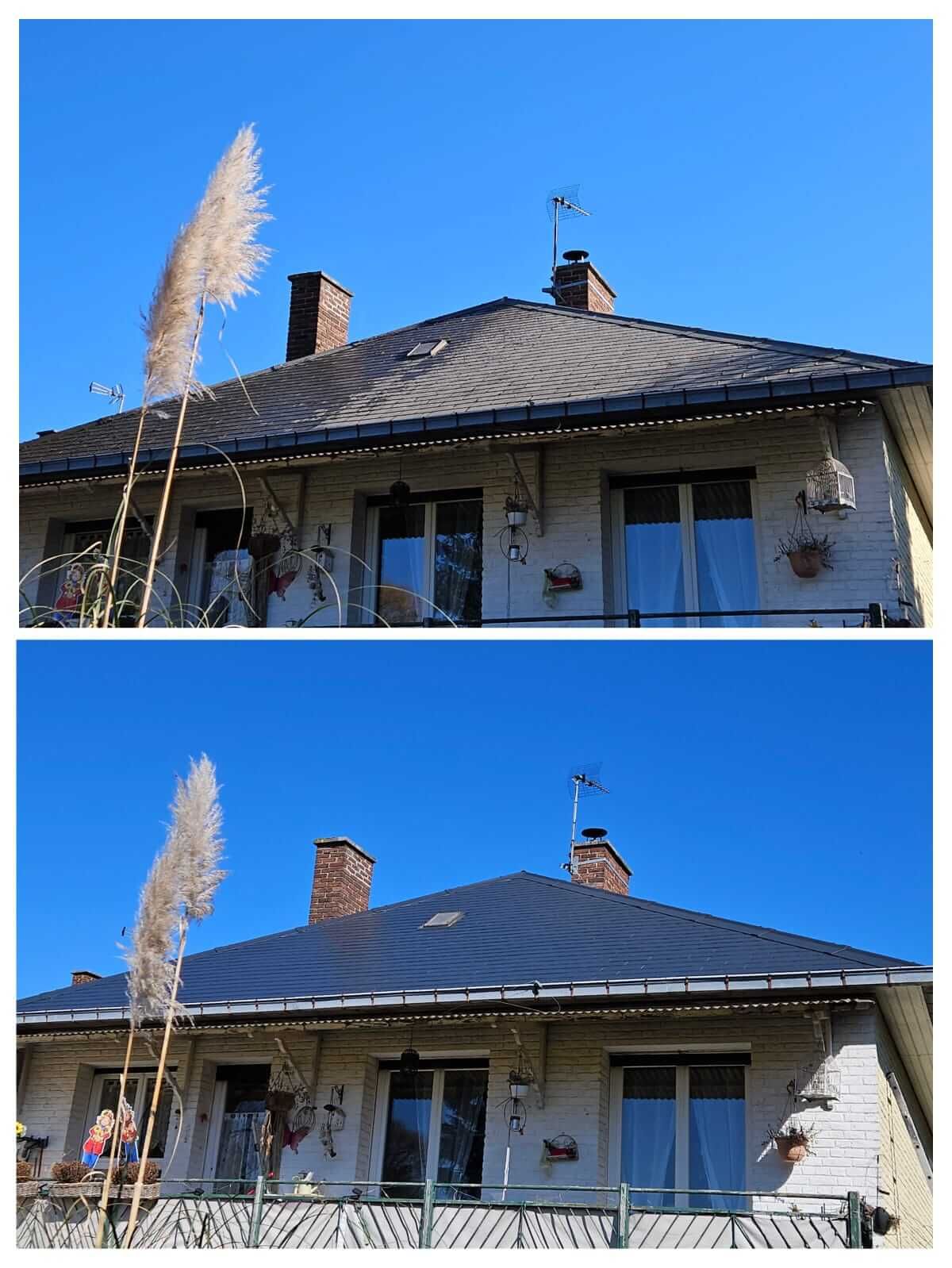 Façade de maison avec toiture traditionnelle sous un ciel bleu lumineux
