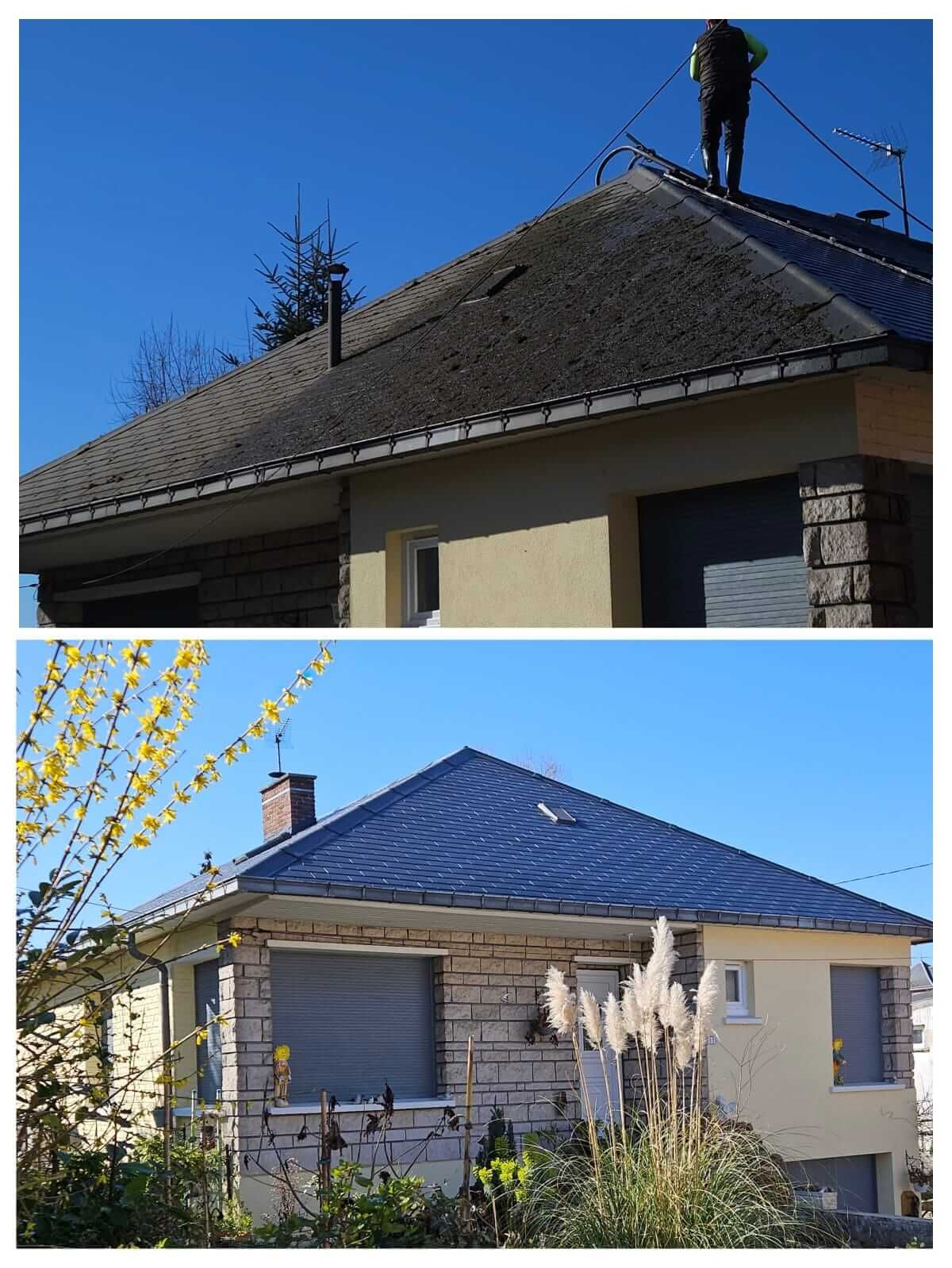 Détail d'une toiture inclinée avec des tuiles sombres sous un ciel bleu clair