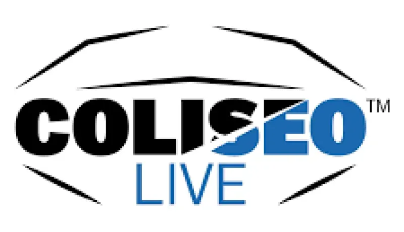 Logotipo para Coliseo Live, una marca denominativa en negro y azul con un contorno estilizado de un lugar.