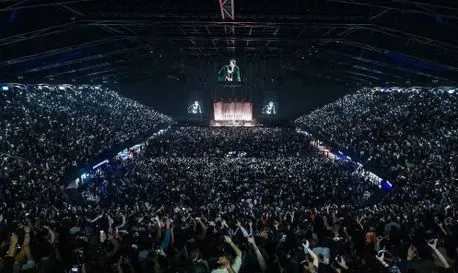 Un estadio lleno con un artista en el escenario, iluminado por luces. La multitud se levanta y aplaude.