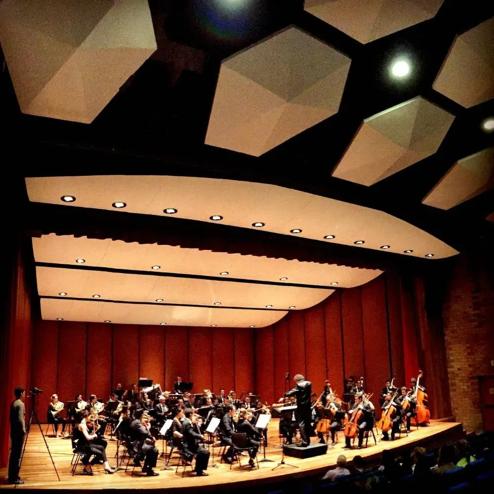 Una orquesta actúa en un escenario con un director. El escenario tiene paneles de madera y el techo presenta insonorización geométrica.