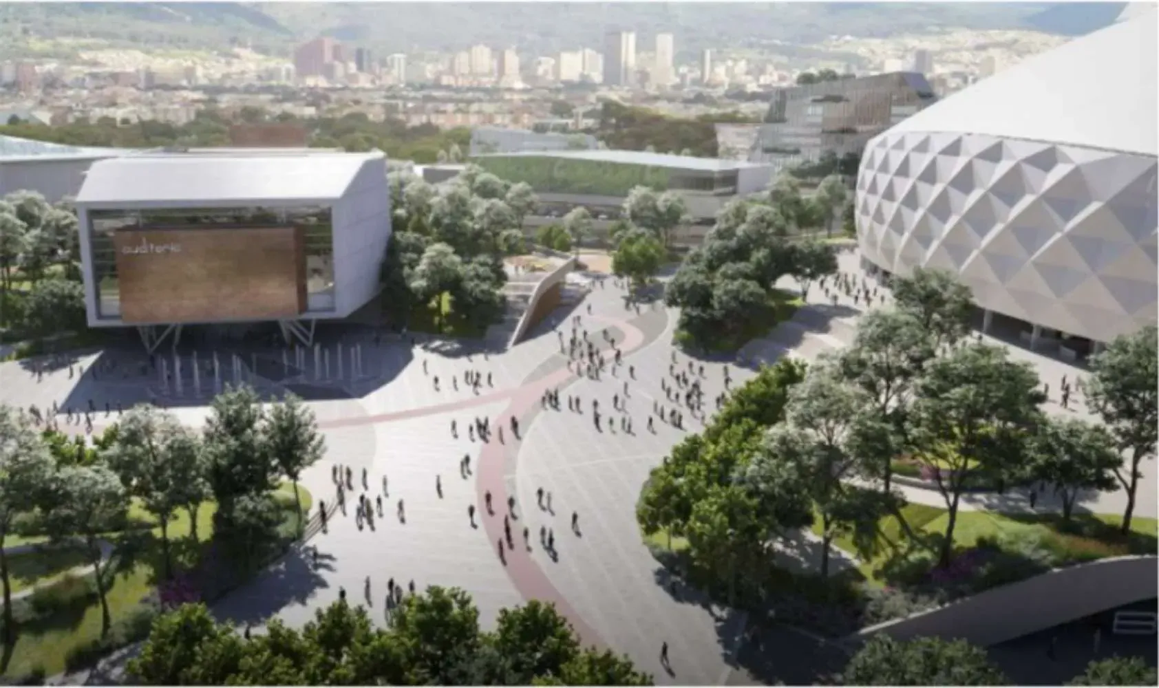 Representación de un complejo deportivo moderno con un gran estadio, salón de eventos y plaza llena de gente y árboles, con el horizonte de la ciudad de fondo.