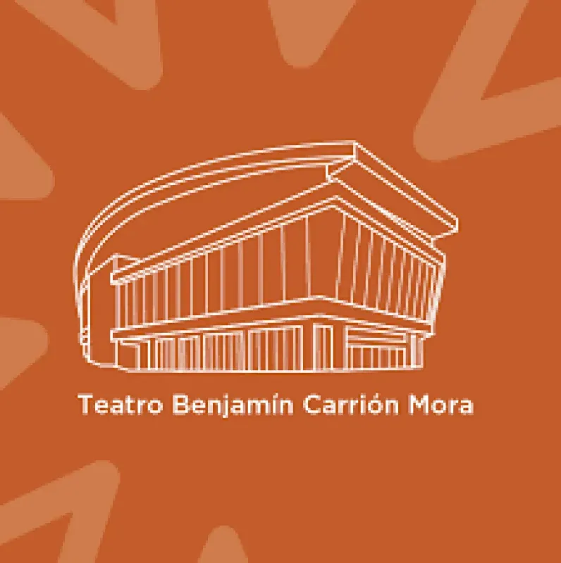 Orange square with white line drawing of the Teatro Benjamín Carrión Mora building. Text reads: