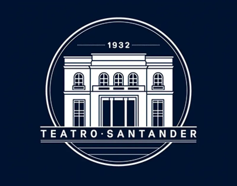 Logotipo del Teatro Santander: silueta de edificio blanco, dentro de un círculo, sobre fondo azul marino. Incluye el año «1932».