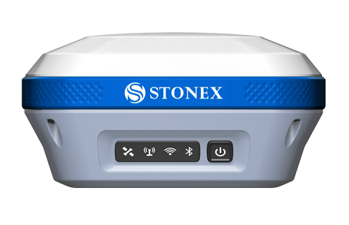 Receptor GNSS Stonex, gris claro con banda azul y parte superior blanca. Cuenta con indicadores de encendido y conectividad, y un botón de encendido.