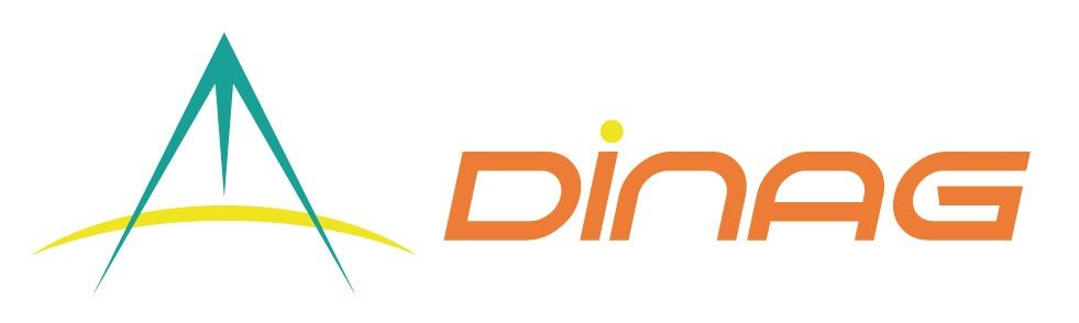 Logotipo para DINAG, una empresa, que presenta un triángulo estilizado en verde azulado y amarillo junto a un texto naranja.