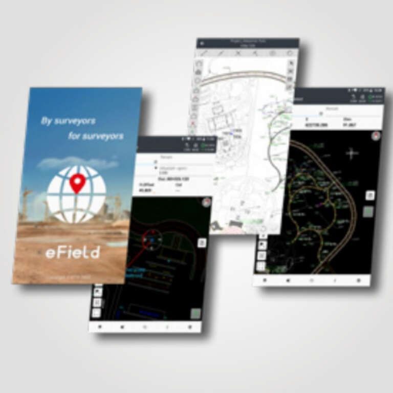 Pantallas de la aplicación de topografía eField que muestran funciones cartográficas. Las pantallas se encuentran en dispositivos móviles con diversos diseños de mapa y un logotipo de globo terráqueo.