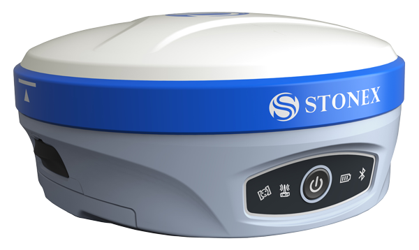 Un receptor GPS Stonex, blanco y azul, con un botón de encendido y luces de estado en el frente.