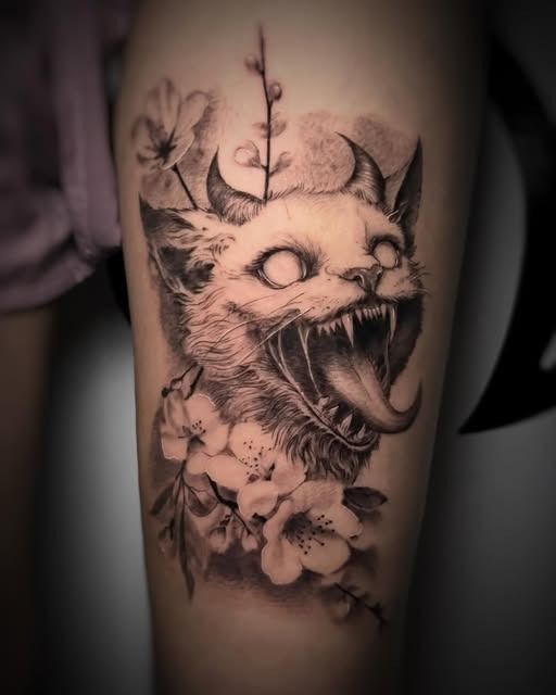 Tatuaje en blanco y negro de un gato gruñendo con flores y una rama frondosa en el antebrazo.