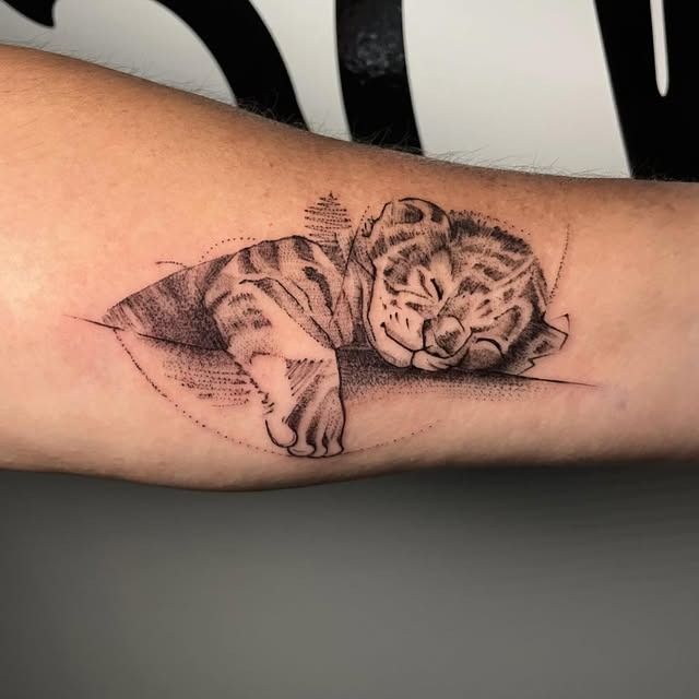 Tatuaje de tigre durmiendo en un antebrazo en tinta negra y gris.