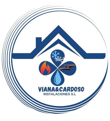 Logotipo azul para Viana Cardoso Instalaciones S.L. con un tejado y símbolos de suministros dentro de un círculo