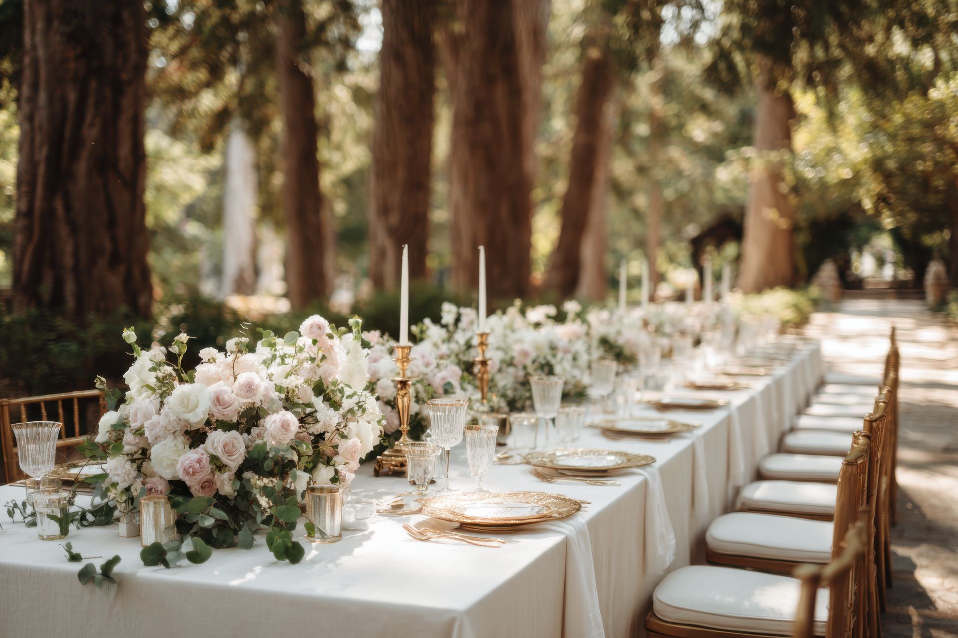 Longue table de mariage blanche dressée pour les invités à l'extérieur, avec des compositions florales et des accents dorés.