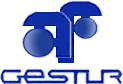 Un logotipo azul para una empresa llamada gestur sobre un fondo blanco.