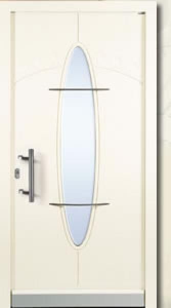 Eine weiße Tür mit einem Glasfenster und einem Griff.